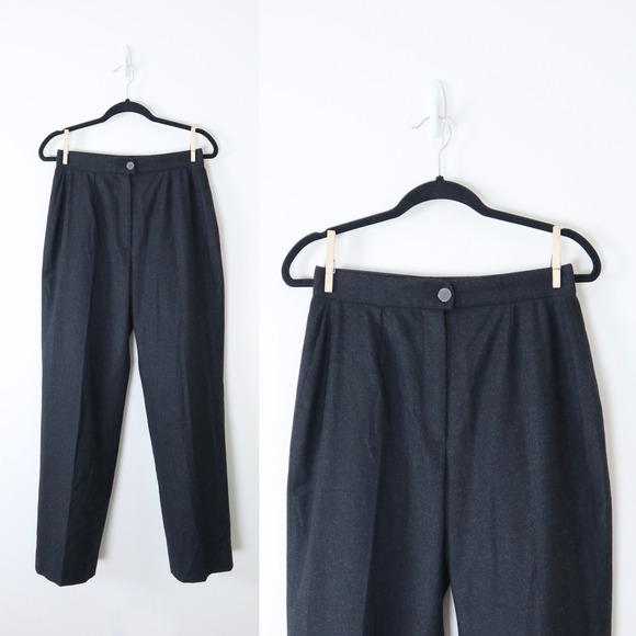 Vintage 1990s Chanel High Waisted Flat Front Wool Trousers Charcoal Gray